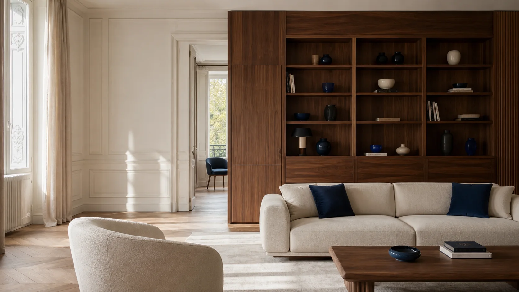 Intérieur haut de gamme avec bibliothèque en bois réalisée sur mesure
