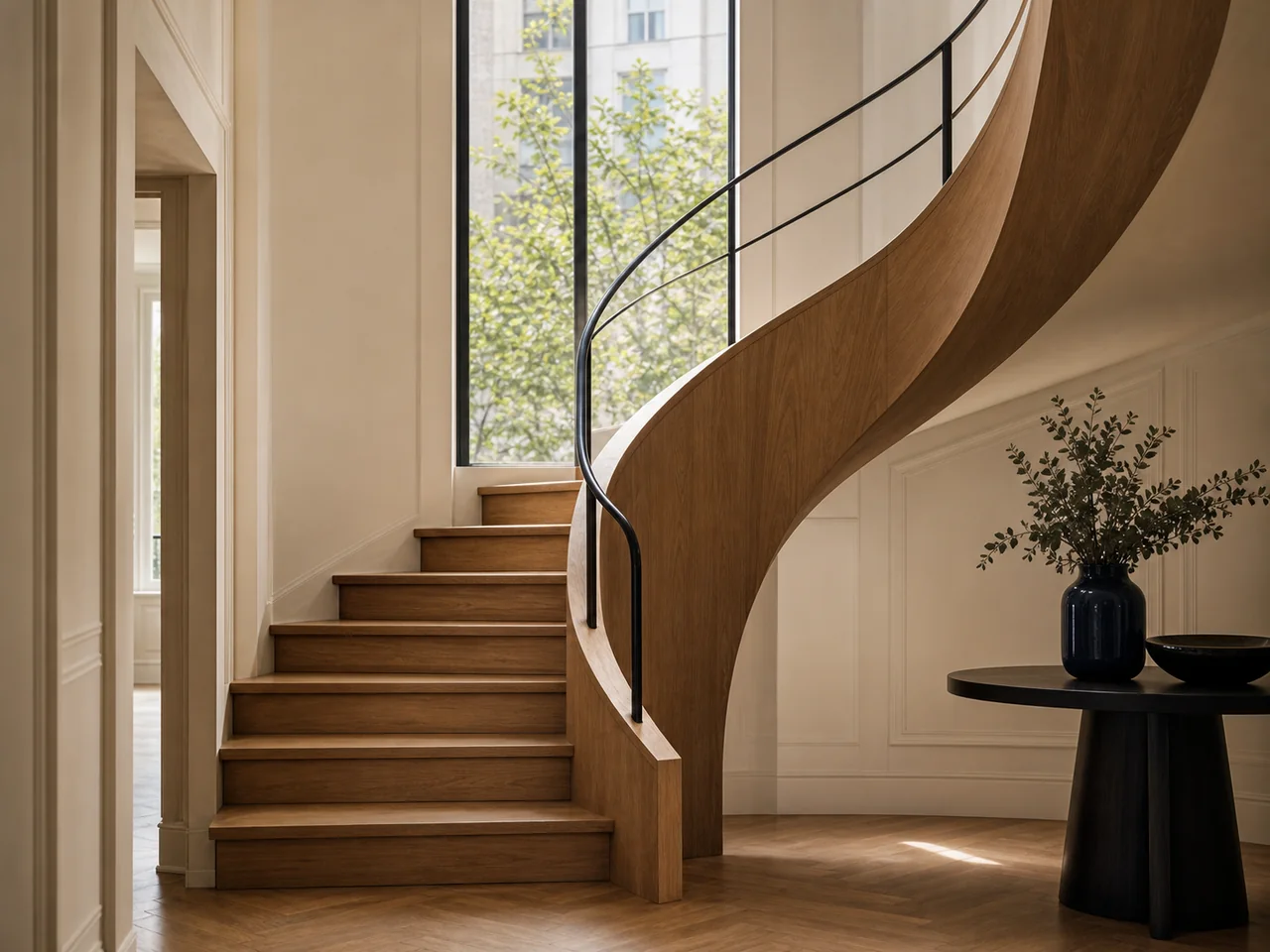 Escalier en bois sculptural dans une maison contemporaine