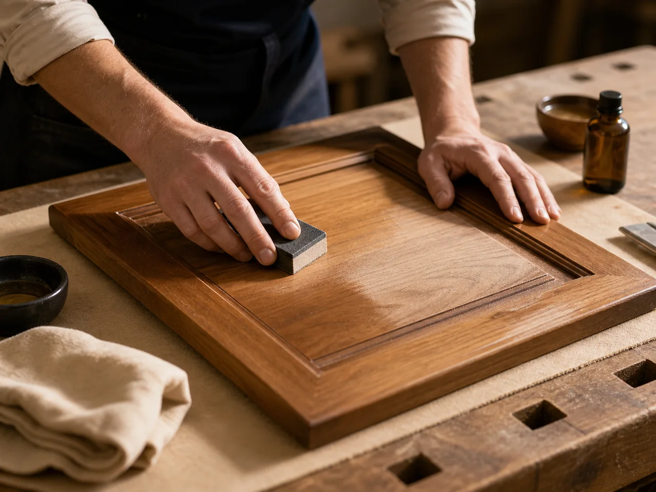 Rénovation manuelle d'un panneau en bois sur un établi
